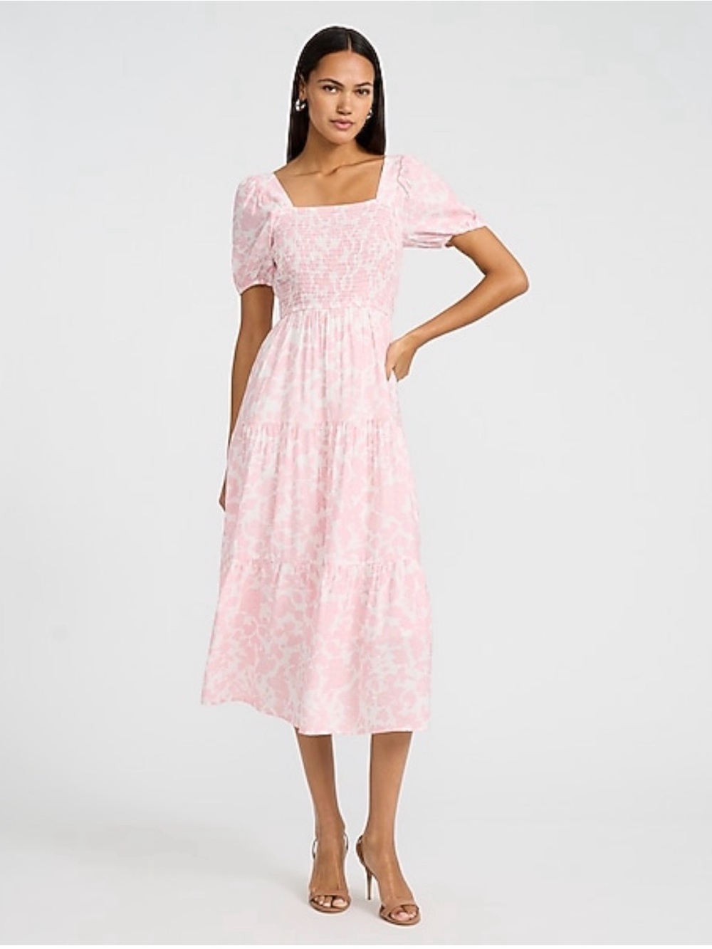 NWT Express Floral Square Neck Puff Sleeve Smocked Midi Dress - size Large